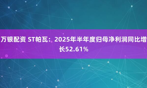 万银配资 ST帕瓦：2025年半年度归母净利润同比增长52.61%