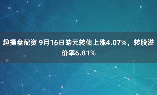 趣操盘配资 9月16日皓元转债上涨4.07%，转股溢价率6.81%